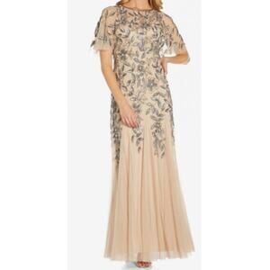 NWT ADRIANNA PAPELL Gown Taupe Sequin Beaded Floral Evening Dress Fairy Godets